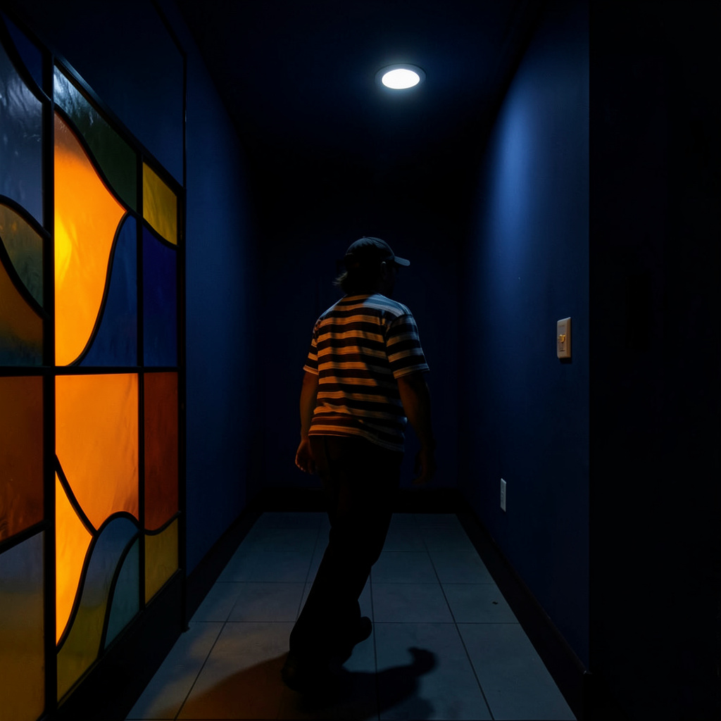 A shadowy figure in a dark cap and striped shirt creeps along a moonlit corridor, silhouetted against deep navy walls and a single warm yellow security light.