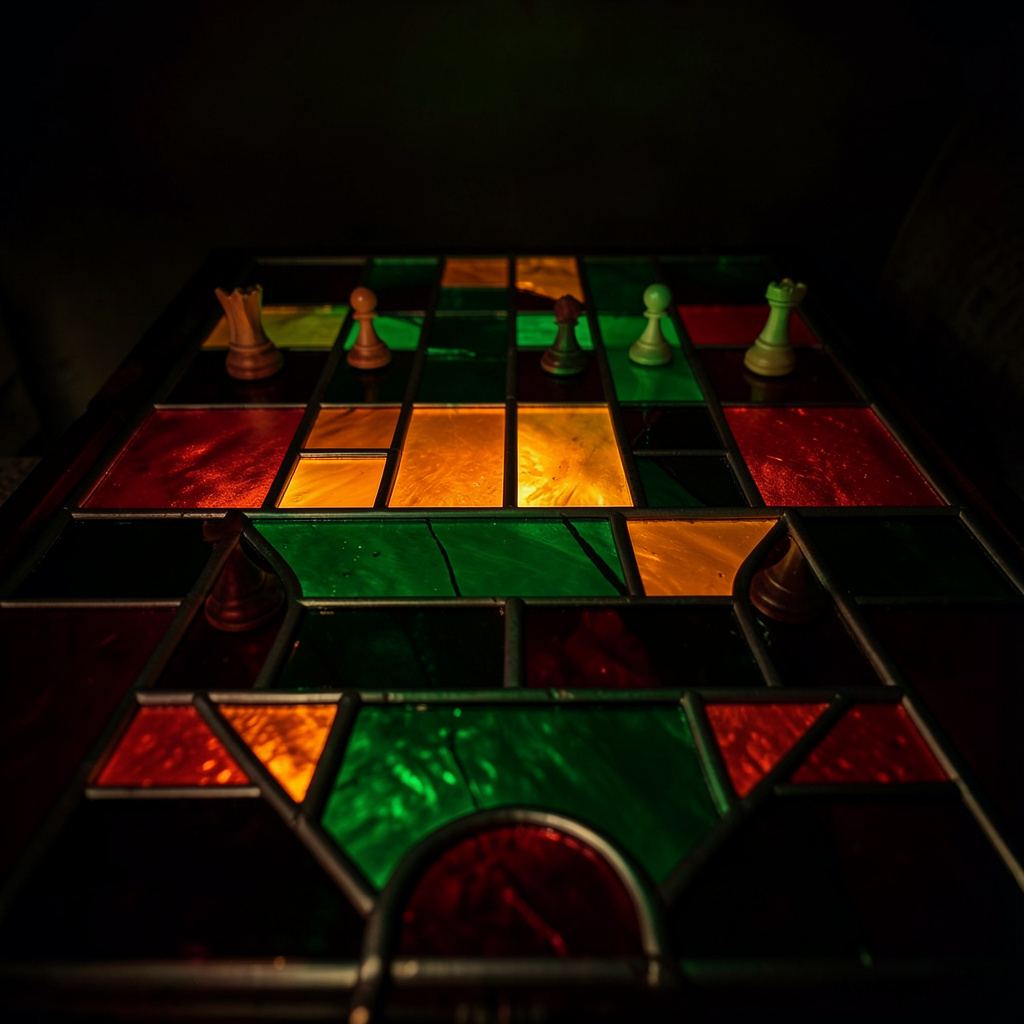 A dramatic stained-glass chessboard composition with bold leaded segments, deep emerald and ruby tones, and a moody dark backdrop