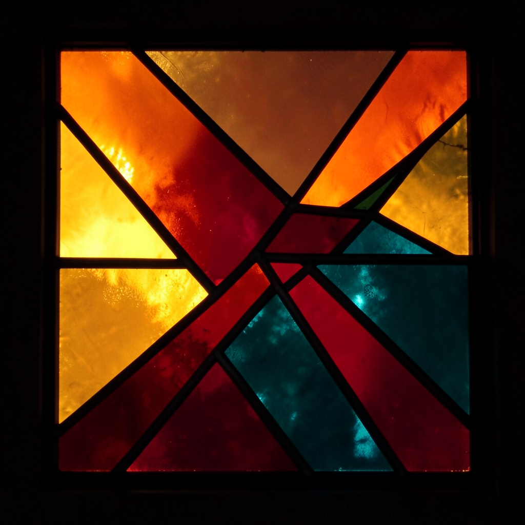 A stained-glass composition with bold leaded segments in warm amber, ruby red, and deep teal, forming an abstract geometric pattern that glows softly against a dark background.